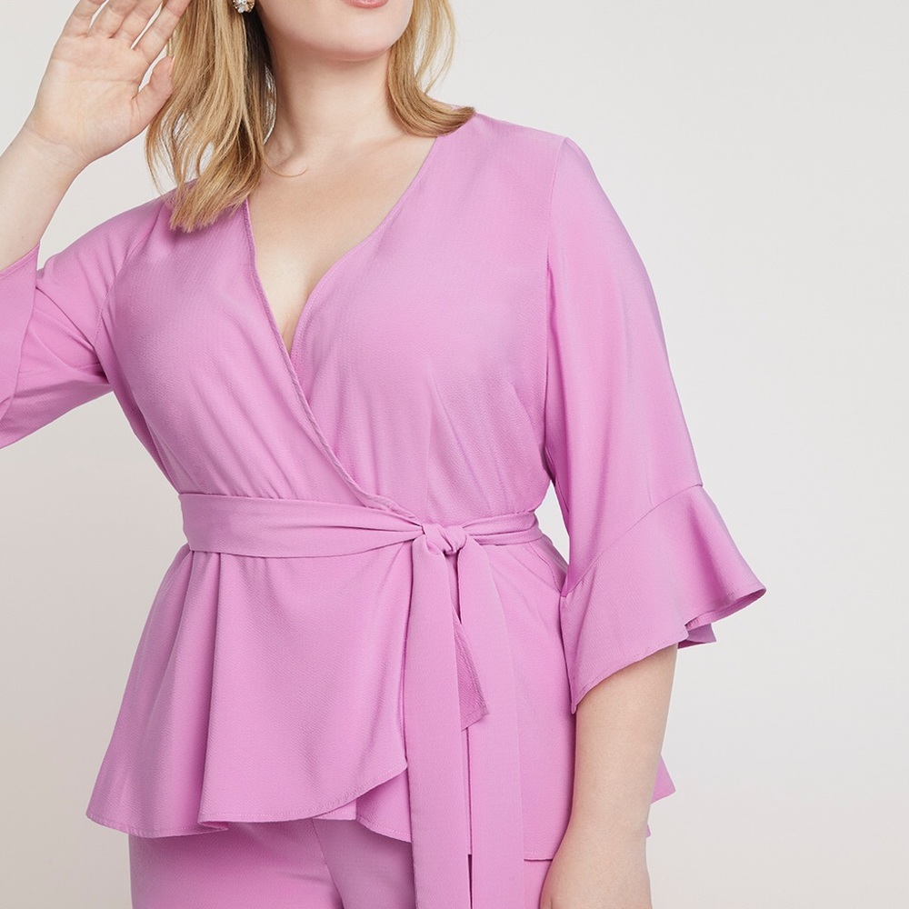 Eloquii Soft Wrap Top in Peony Pink